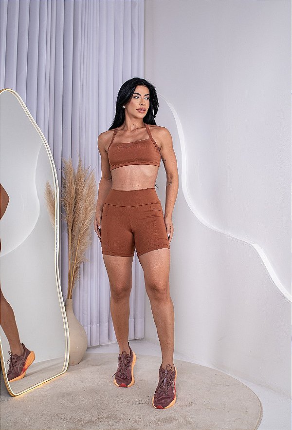 CONJUNTO FITNESS SHORT E TOP SUPLEX - CARAMELO