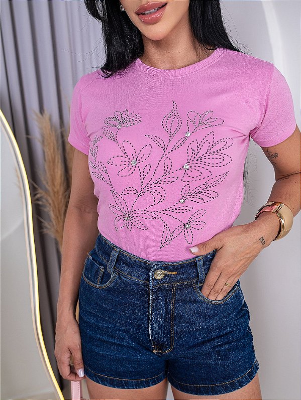 TSHIRT FLORES GALHOS PONTO DE LUZ - ROSA BEBÊ