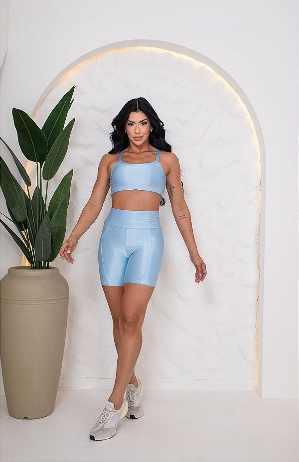 CONJUNTO FITNESS SHORT E TOP SHINE - AZUL BEBÊ
