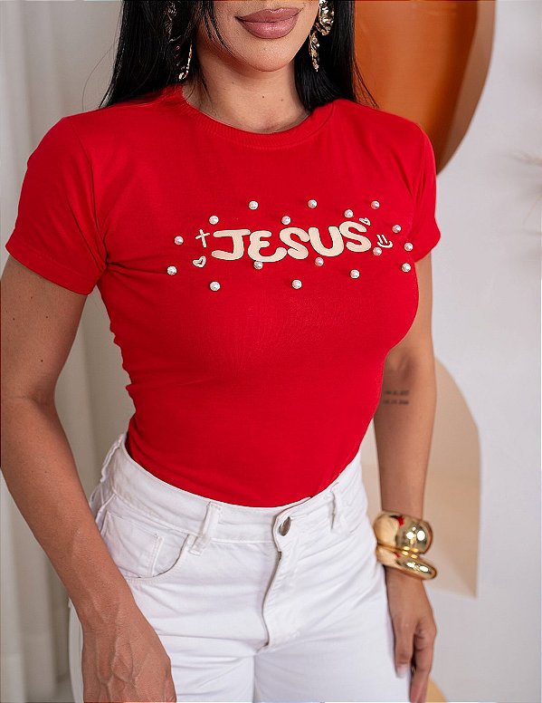 TSHIRT NO ALGODÃO GOLA NA RIBANA JESUS PÉROLAS - VERMELHA