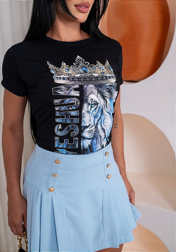 TSHIRT NO ALGODÃO GOLA NA RIBANA YESHUA COROA - PRETA