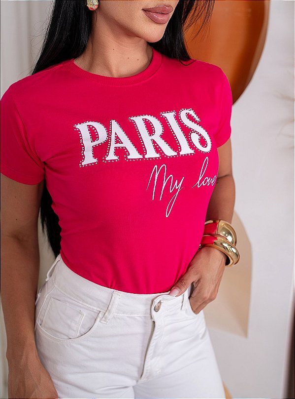 TSHIRT NO ALGODÃO GOLA NA RIBANA PARIS PEDRARIA - ROSA PINK