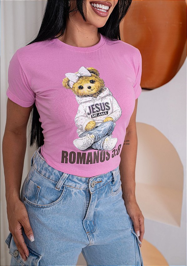 TSHIRT NO ALGODÃO GOLA NA RIBANA ROMANOS - ROSA BEBÊ