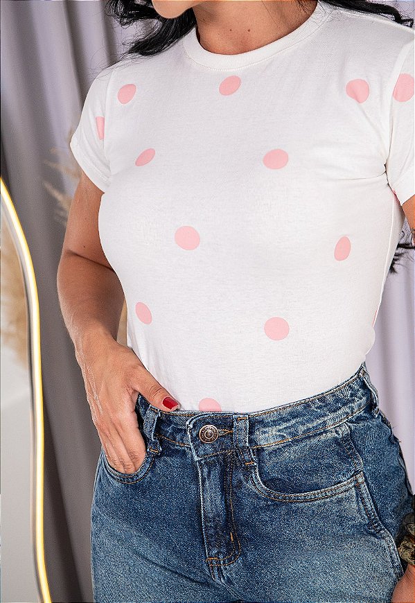TSHIRT VISCOLYCRA POÁ BOLAS GRANDE NO ROSA IORGUTE- BRANCA
