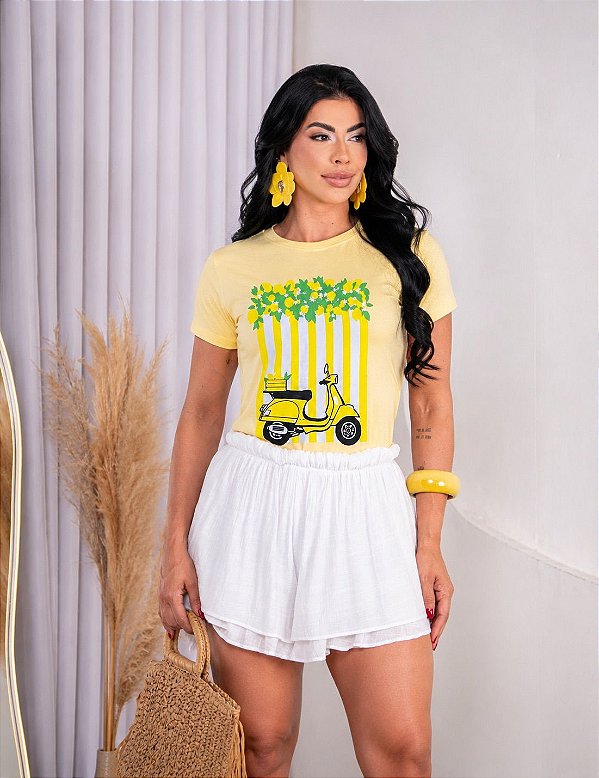 TSHIRT NO ALGODÃO GOLA NA RIBANA MOTINHA FRUTS - AMARELO BEBÊ