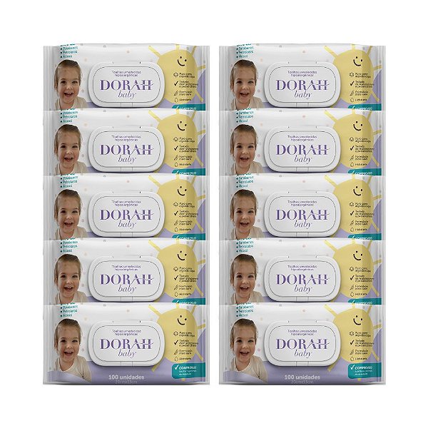 10 Pacotes - Toalhas Umedecidas Hipoalergênicas SEM Álcool - 100 Folhas com Tampa - Dorah Baby (Total 1000 Folhas)