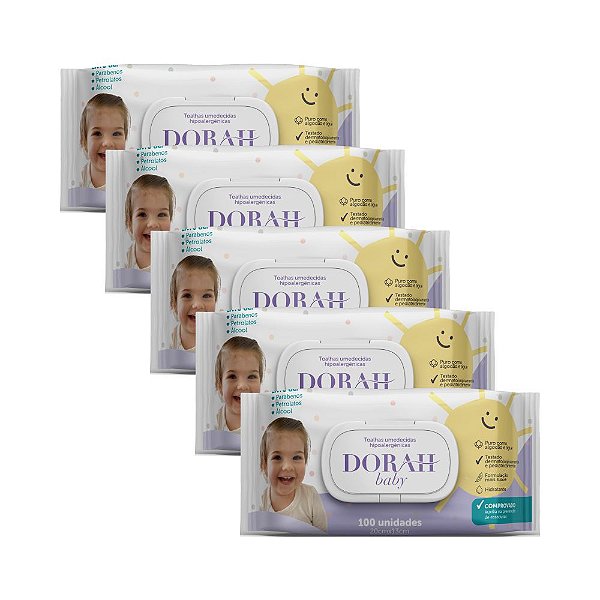 5 Pacotes - Toalhas Umedecidas Hipoalergênicas SEM Álcool - 100 Folhas com Tampa - Dorah Baby (Total 500 Folhas)