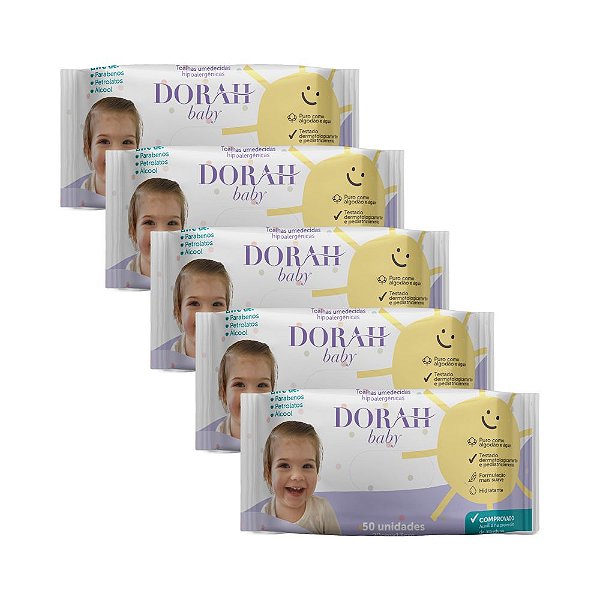 5 Pacotes - Toalhas/Lenços Umedecidos Hipoalergênicos SEM ÁLCOOL - 50 Folhas - Dorah Baby (Total 250 Folhas)