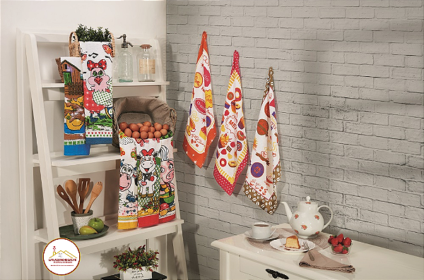 Kit 6 Pçs Pano de Copa para Cozinha Veneza 95% Algodão 230g/m² Estampada Vibrantes e Variadas