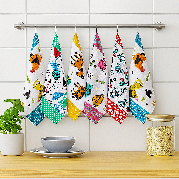 Kit 6 Pçs Pano de Copa para Cozinha Veneza 95% Algodão 230g/m² Estampada Vibrantes e Variadas