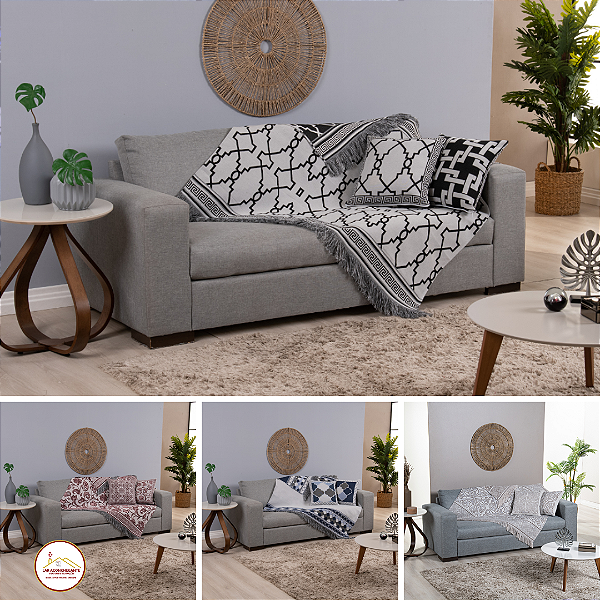 Kit 5 Pçs Manta Xale para Sofá e Almofadas Cheias Grécia Jacquard - 01 Xale 1 ,35mx1,35m com Franja 02 Capas de Almofadas 02 Almofadas- Dupla Face