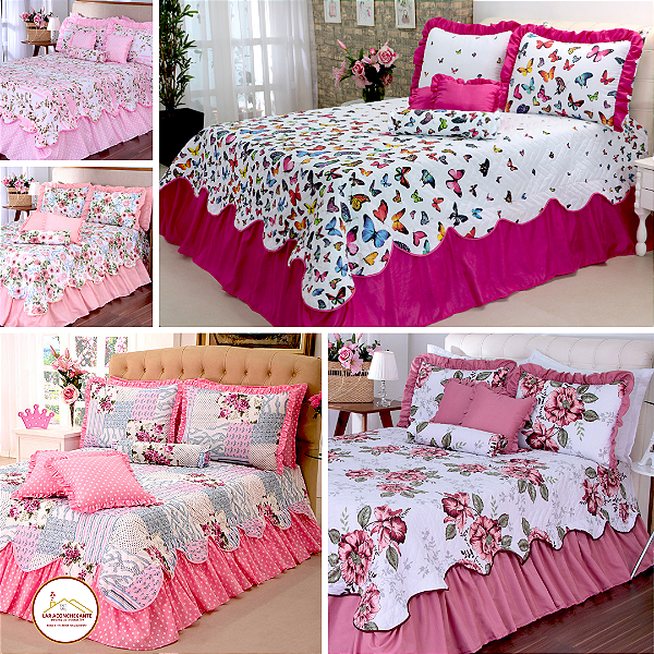Cobreleito Colcha Queen Size Babados Decorativos Com 06 Peças Com Porta Travesseiro e Capas de Almofada