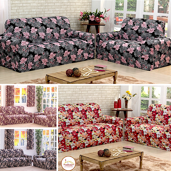 Capa Protetora de Sofá Padrão 2 e 3 Lugares Kit C/02 Pçs Adere Estampado Face Única Malha Gel  Floral