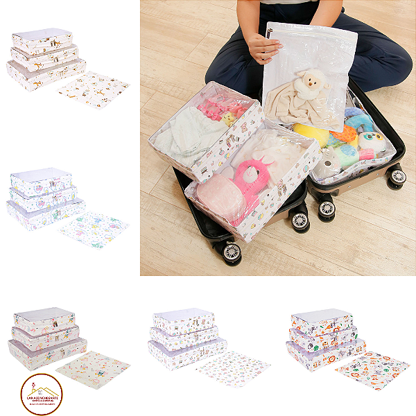 Organizador de Mala Bebê e Infantil Kit c/04 Peças Impermeável Multiuso com Visor e Zíper Estampada