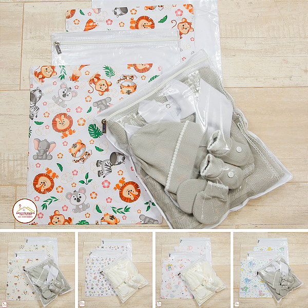 Organizador de Mala Saco Bebê e Infantil Impermeável Multiuso  Kit 05 Pçs com Visor e Zíper Estampado