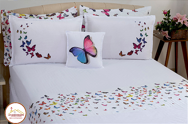Jogo de Lençol Com Elástico 4 Pçs Completo Casal Queen  Borboletas Estampa Digital -Micropercal 100% Poliéster -  Para Colchão de 35 CM de Altura