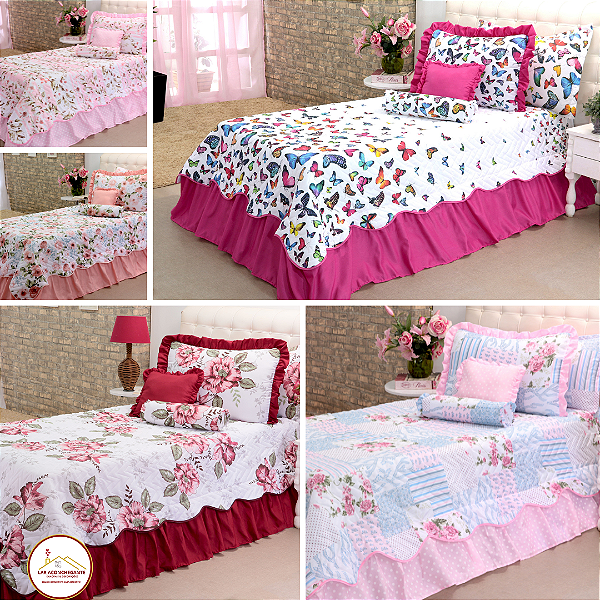 Cobreleito Colcha Solteiro Babados Decorativos Com 04 Peças  Com Porta Travesseiro e Capas de Almofada