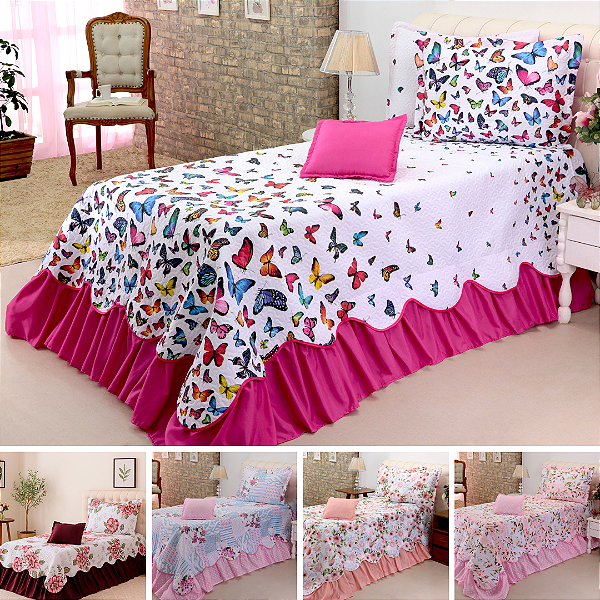 Kit 3 Peças Cobre leito Colcha Com Babado Tecido Matelassado