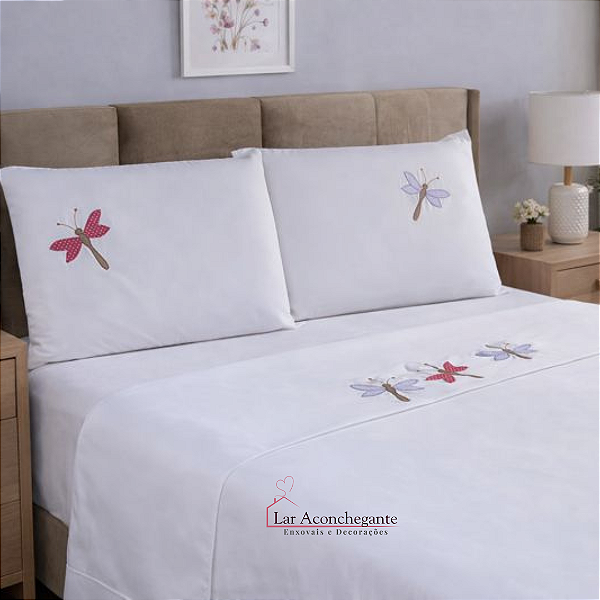 Jogo de Lençol Completo Casal Padrão c/4 Pçs Lençol C/ Elástico 100% Poliéster- Borbado Libélula Cor Branco