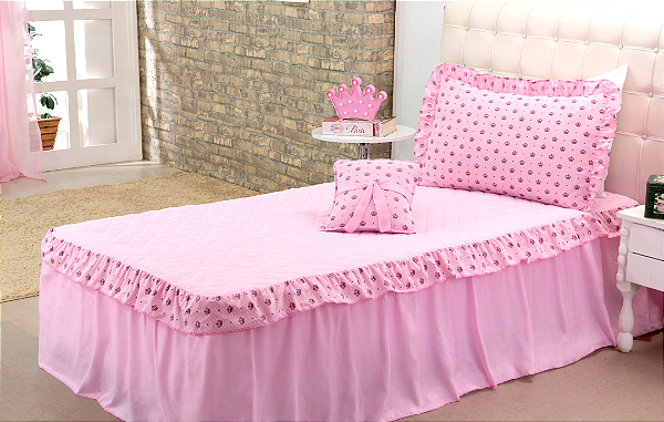 Kit 3 Pçs Cobre Leito Colcha Solteiro Infantil e Juvenil Princesa com Babados e Capa de Almofada