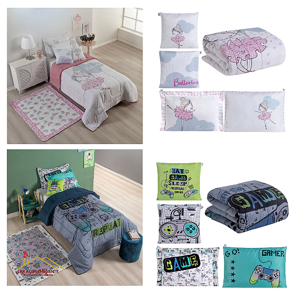 Kit 5 Pçs Edredom Solteiro Infantil e Juvenil Estampado Hipercal 400 Fios