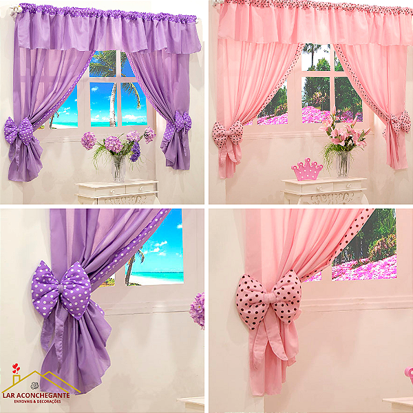 Cortina de Janela para Quarto de  Bebê, Infantil e Juvenil Ursinha 2,20x1,70m para Varão Duplo 2,00m com Bandô 2 Abraçadeira de Laço