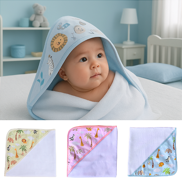 Toalha de Banho Bebê Safari Forro Fralda com Capuz 70x70cm  Macia 100% Algodão