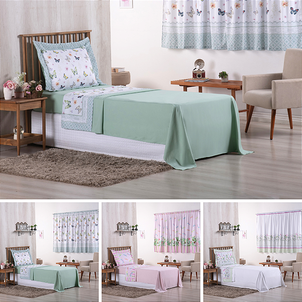 Kit Jogo de Lençol 3 Peças + Cortina  Estampa Digital Infantil/Juvenil - Girl