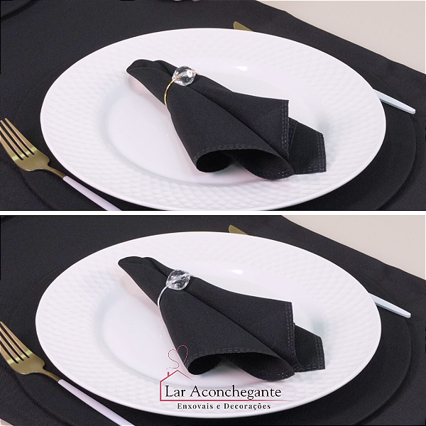 Kit  Mesa Posta Completo P/ 02 Pessoas com 07 Pçs  (Caminho,Capa Sousplat,Base,Guardanapo,Anel) Basic Anel Cristalino - Cor  Preto