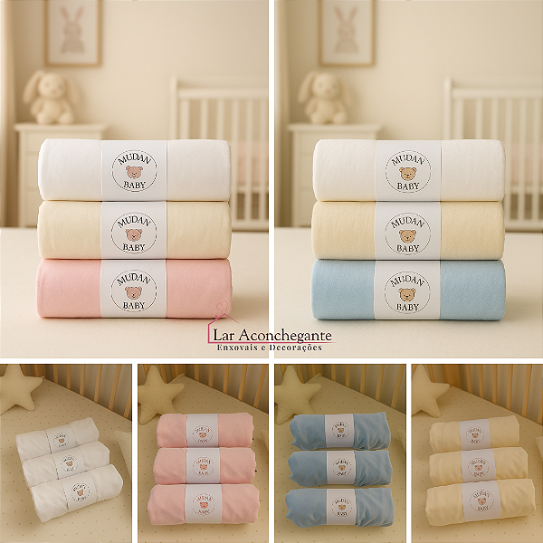 Kit C/03 Lençóis c/ Elástico para Berço Americano Malha 100% Algodão Hipoalérgico Liso 160x98x12cm