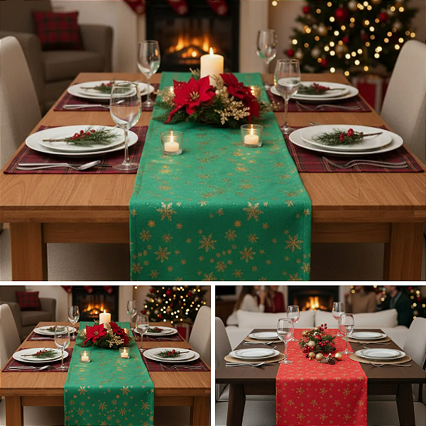 Caminho Trilho Corredor de Mesa Natalino Tecido Oxford 130x40cm Estampa Flocos de Neve Dourado