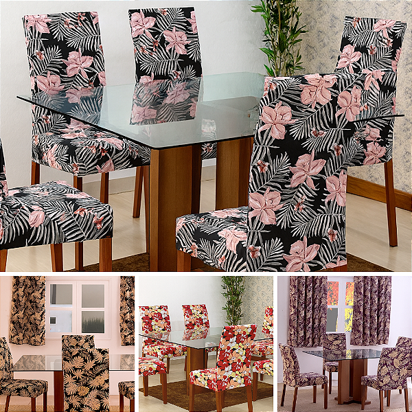 Capa Protetora de Cadeira 4 Lugares Estampa Floral em Malha em Gel Ajustável