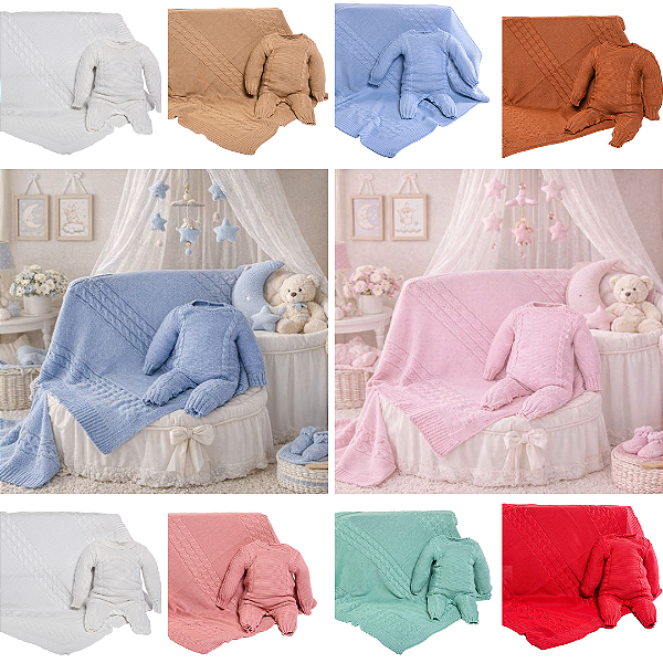 Kit 2 Pçs Saída Maternidade Macacão M/L e Manta Trança Tricot Unissex