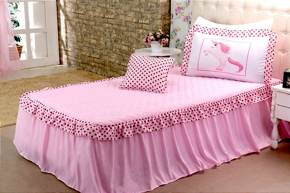 Kit 3 Pçs Cobre Leito Colcha Solteiro Infantil e Juvenil Unicórnio com Babados