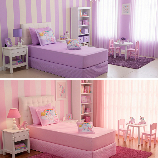 Jogo de Lençol Solteiro Infantil Juvenil 3 Pçs Sonho Simples com Elástico Estampa Digital Unicórnio