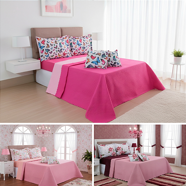 Kit Cobre Leito Colcha c/Lençol Casal Queen 06 Pçs Dupla Face Matelassê Ultrassônico