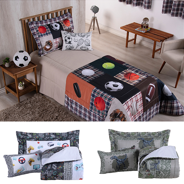 Kit Edredom Solteiro Infantil e Juvenil 4 Pçs Menino 300 fios Estampa Digital 2,50x1,90m