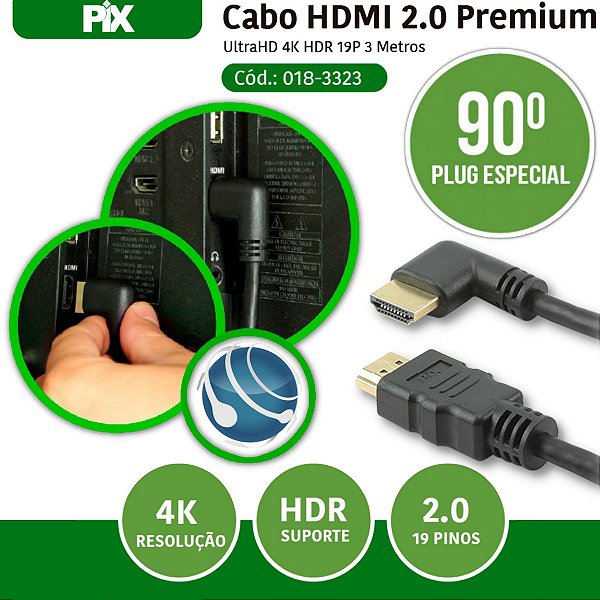 CABO HDMI GOLD 90 GRAUS 2.0 4K HDR 19PINOS 3MTS R.018-3323 -