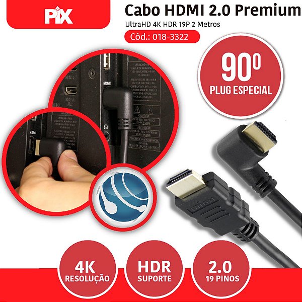 CABO HDMI GOLD 90 GRAUS 2.0 4K HDR 19PINOS 2MTS R.018-3322 -