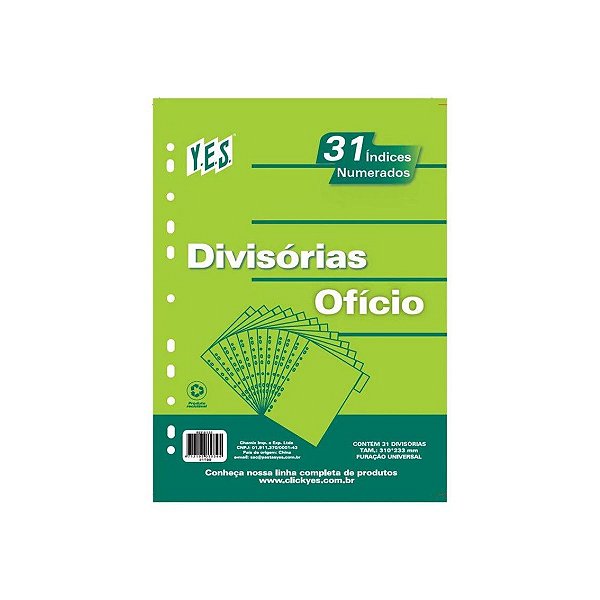 DIVISORIA PLASTICA NUMERADA 1 A 31 TAM.OFICIO COR TRANSPARENTE REF.31TBB - YES