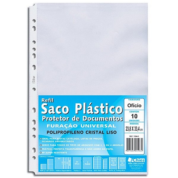 ENVELOPE PLASTICO A4 TRANSP. 215X300 13 FUROS PCT C/10 R.1592-6 - CHIES
