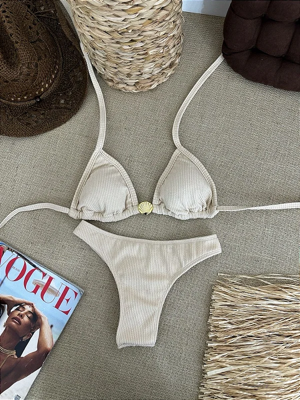Biquíni Top Cortininha/ Calcinha Asa Delta (semi-fio)- Concha Areia