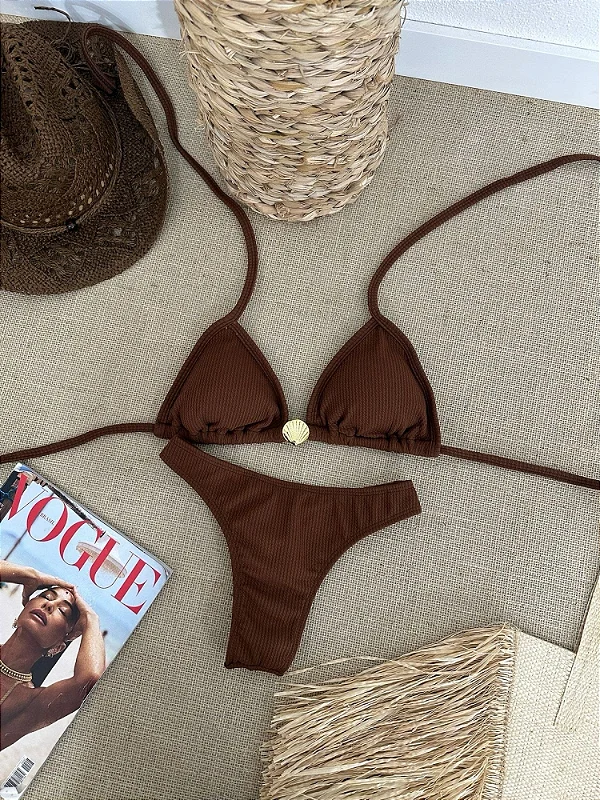 Biquíni Top Cortininha/ Calcinha Asa Delta (semi-fio)- Concha/Chocolate