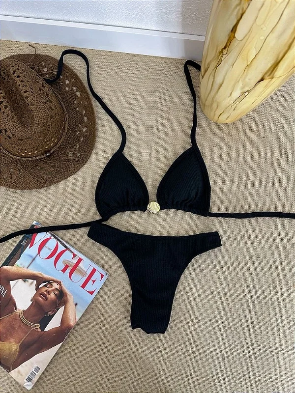 Biquíni Top Cortininha/ Calcinha Asa Delta (semi-fio)- Concha/Preto