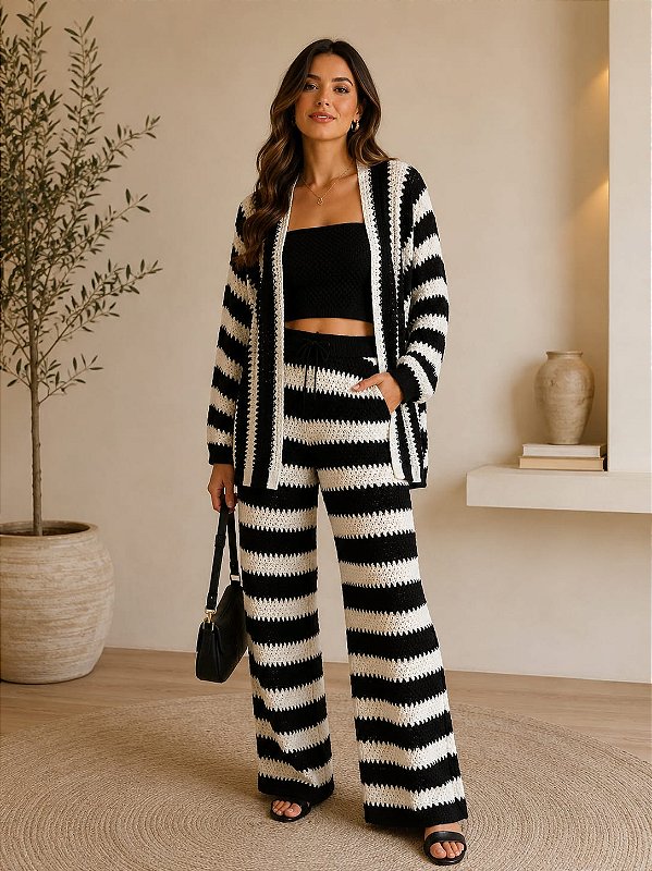 Conjunto Tricô Calça - Listrado (Preto e Branco)