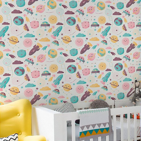 Papel de Parede Adesivo Infantil Cute Space Rosa