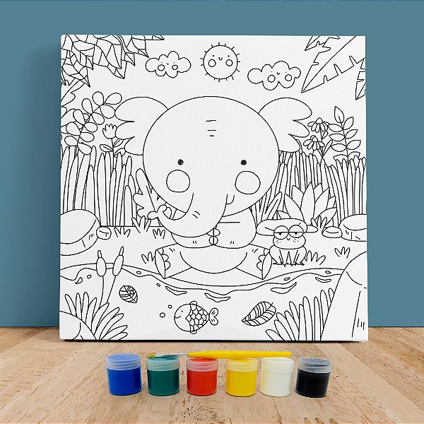 Kit Tela de Pintura Infantil Elefante com Guache e Pincel