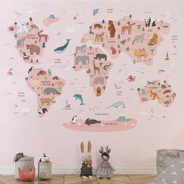 Painel Fotográfico Infantil Mapa Mundi Animais Rosa