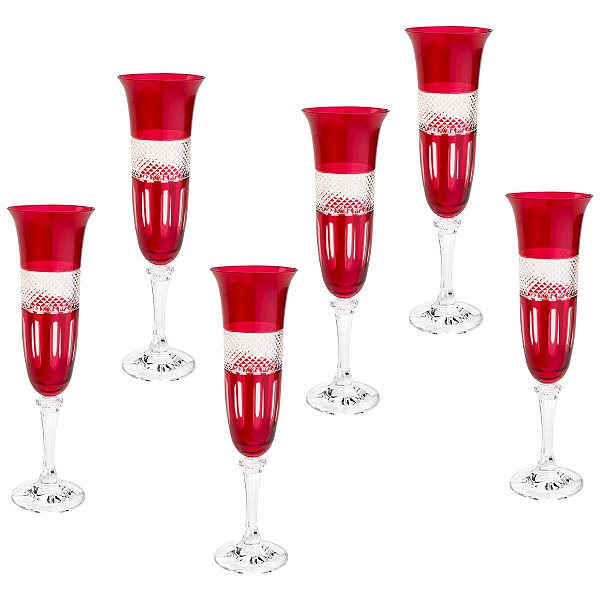 Conjunto com 6 Taças de Cristal Champagne 175ml  Vermelho Rubi - Rojemac