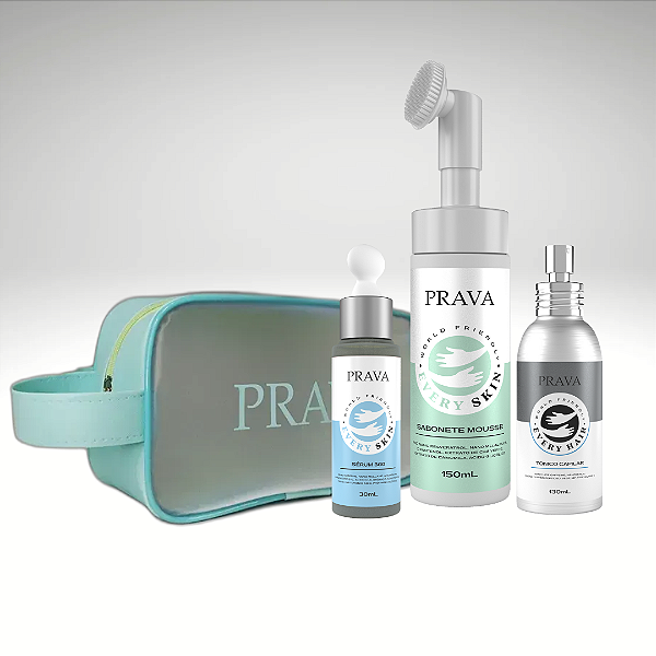 Kit Facial e Capilar "Resultado em 14 dias" Serum 360 Rejuvenecedor + Sabonete Mousse Purificante + Tônico Capilar + Necessaire PRAVA Brinde